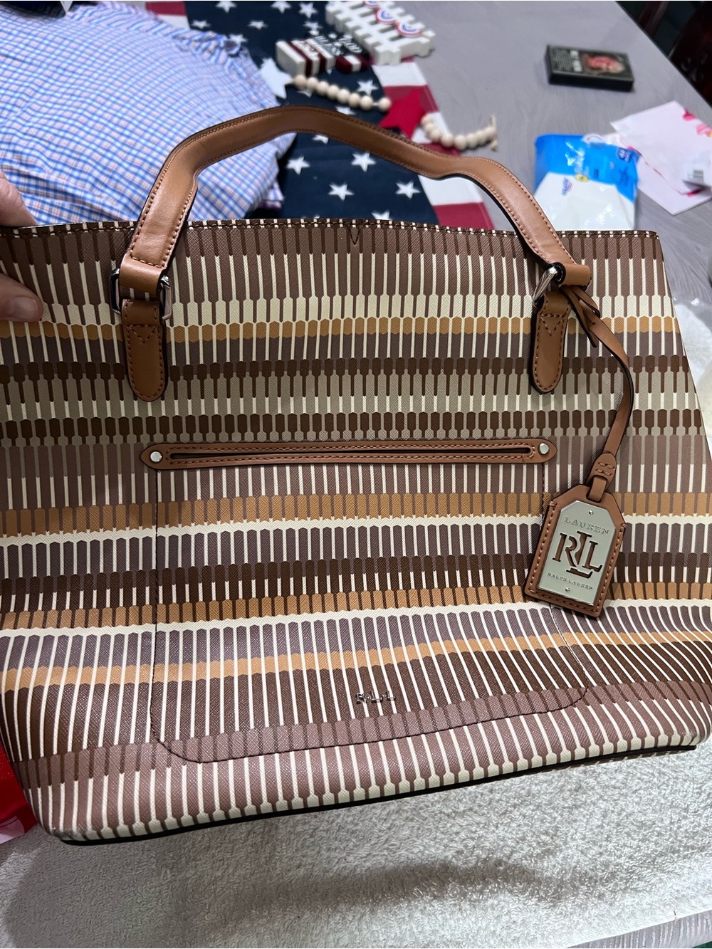 Lauren Ralph Geometric Stripe Tote Bag Brown Tan Leather Trim RLL Never Used